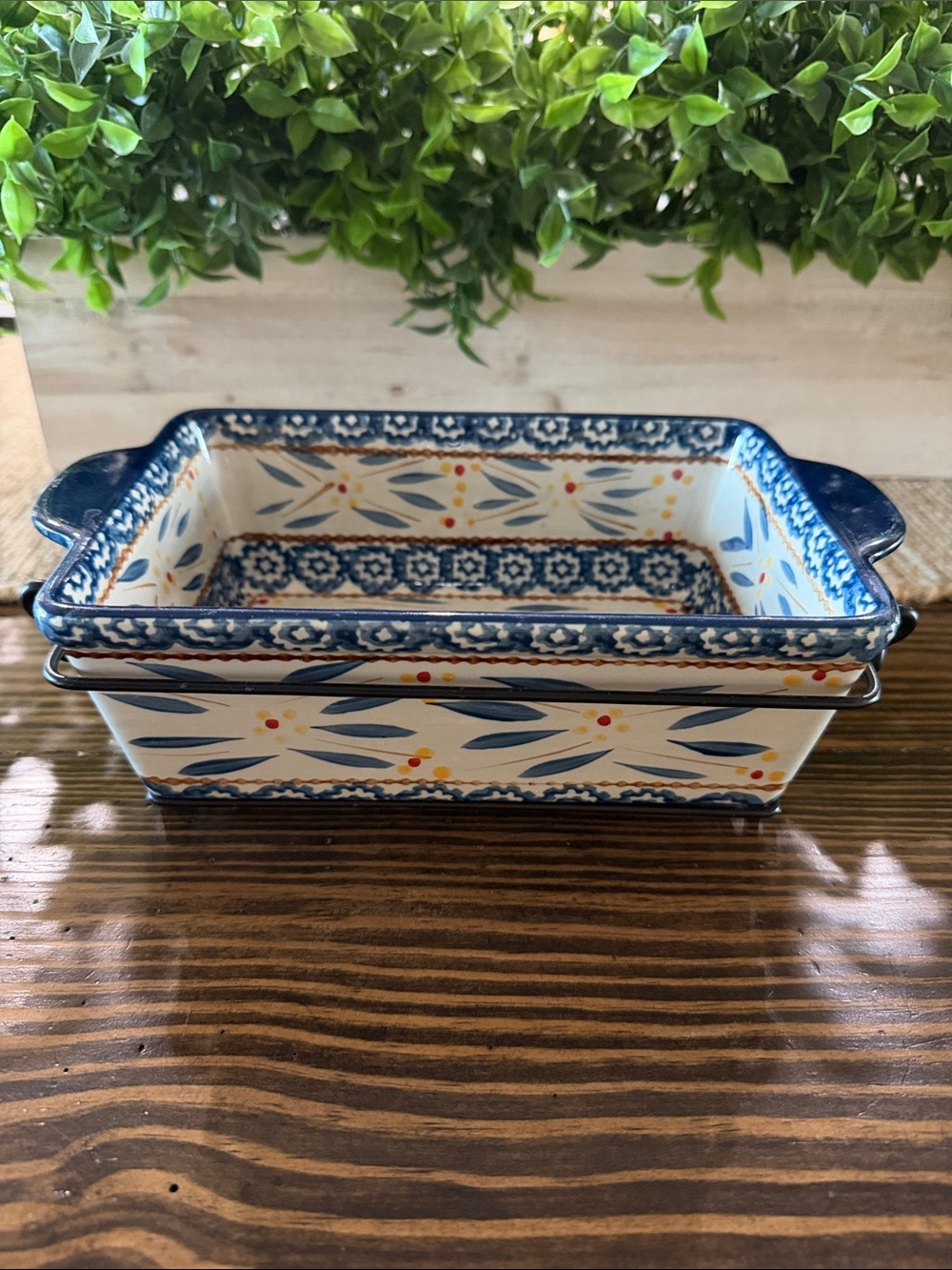 Temp-Tations Old World Blue 10" Rectangular Baker by Tara with metal stand